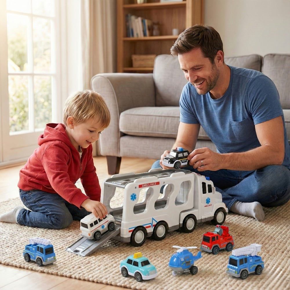7-in-1 Kids Car Toy Set 7pcs with Playmat, Large Vehicle + 6 Mini Cars Ambulance Police Fire Truck Engineering