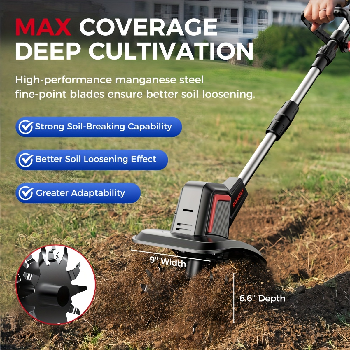 Cordless Electric Cultivator 360RPM - Wireless Electric Tiller & Soil Loosening Machine with 2×4.0Ah for Garden, Patio and Yard Use