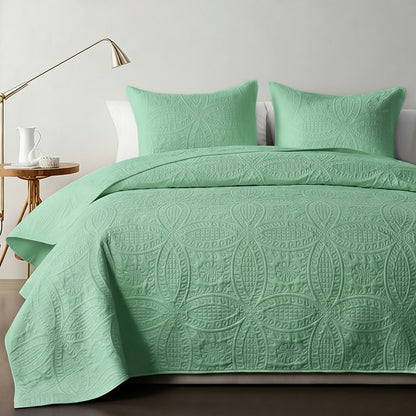 Coin-Pattern Quilted Coverlet Set with Pillowcases, Twin to King Sizes and Ten Color Choices