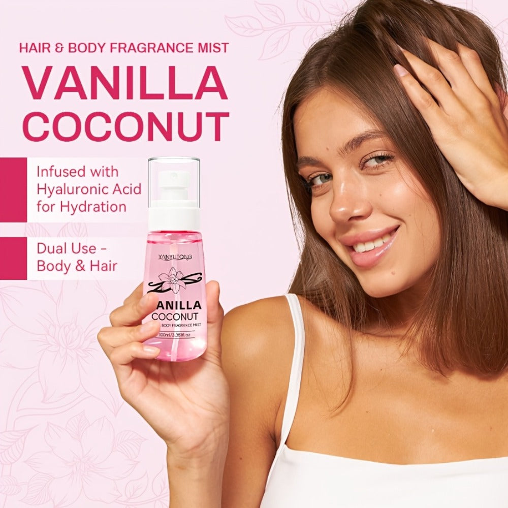 Coconut Vanilla Fragrance Mist Hair & Body Spray – Alcohol-Free with Vitamin E, Argan Oil & Glycerin, Moisturizing Long-Lasting Tropical