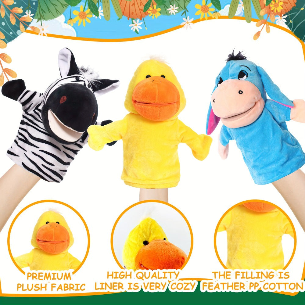 Four-Piece Animal Hand Puppet Set with Blue Donkey, Yellow Duck, Zebra and Pink Cow Designs