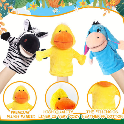 Four-Piece Animal Hand Puppet Set with Blue Donkey, Yellow Duck, Zebra and Pink Cow Designs