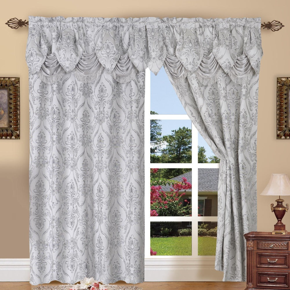 Jacquard Curtain Panels 2-Piece Set 54x84 Inch with Attached Waterfall Valance - Rod Pocket Room Darkening Luxury Window Curtains