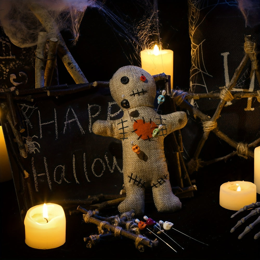 Voodoo Doll Set with 7 Skull Pins, 8-Piece Horror Ghost Doll Kit, Revenge Stress Creepy Doll Pin Holder for Adults (Flaxen)