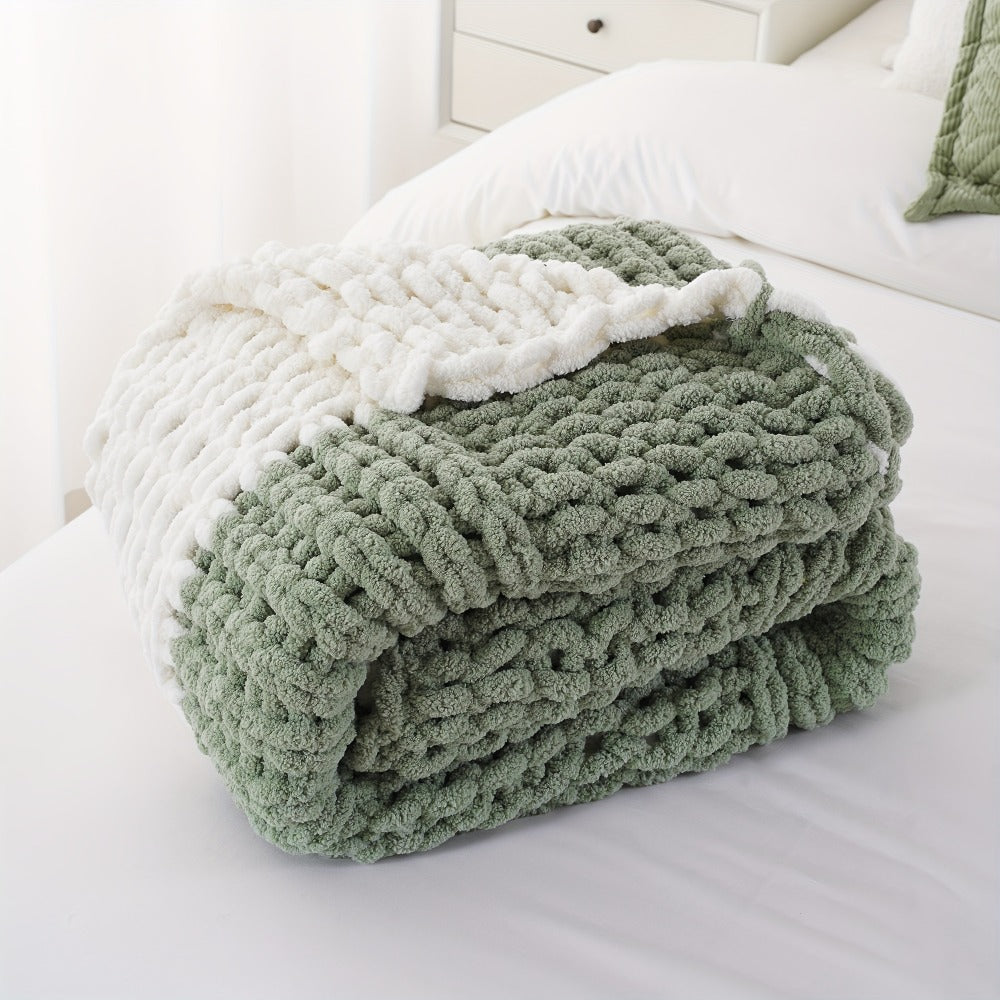 Chunky Chenille Cable Knit Throw Blanket, 350-400gsm Crochet Throw for Sofa, Bed & Couch, Vintage Patchwork
