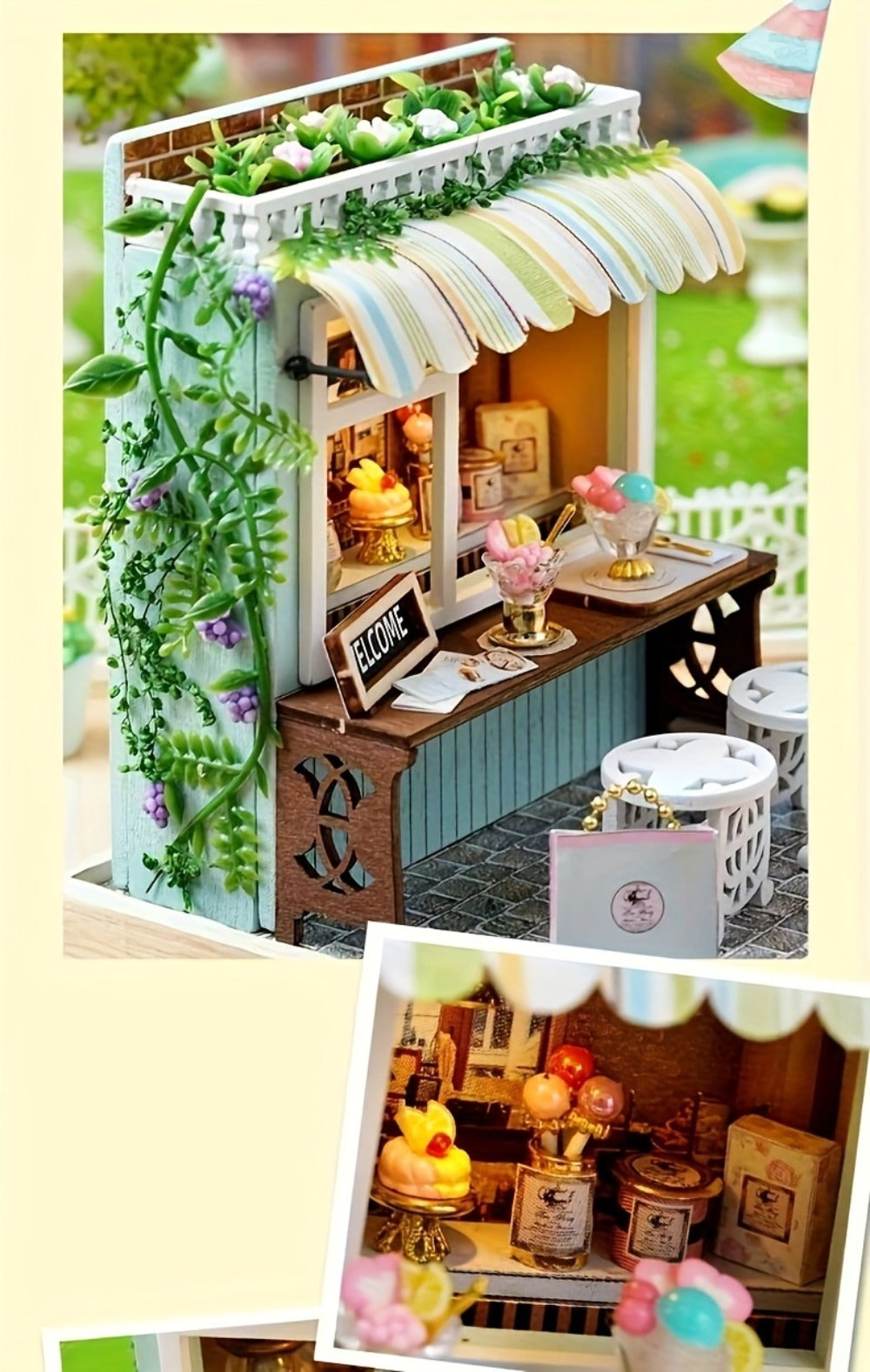 DIY Wooden Tiny House Kit with Dust Cover, Handmade Miniature Dollhouse Puzzle, 3 Themes Afternoon Tea Rotating Food House Moon Magic