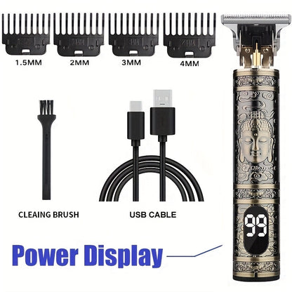 Hair Clipper Vintage T-Blade Cordless Trimmer with LCD Power Display and Dragon or Buddha Designs