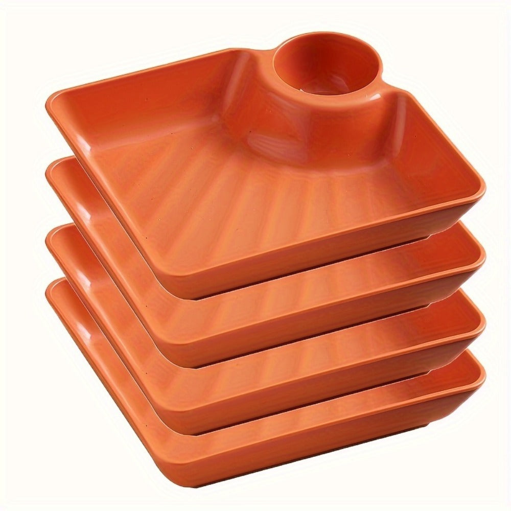 Colorful Serving Plates Set 4 Piece – BPA-Free PP Rectangular Snack, Sushi & Appetizer Plates with Dipping Sauce Compartments