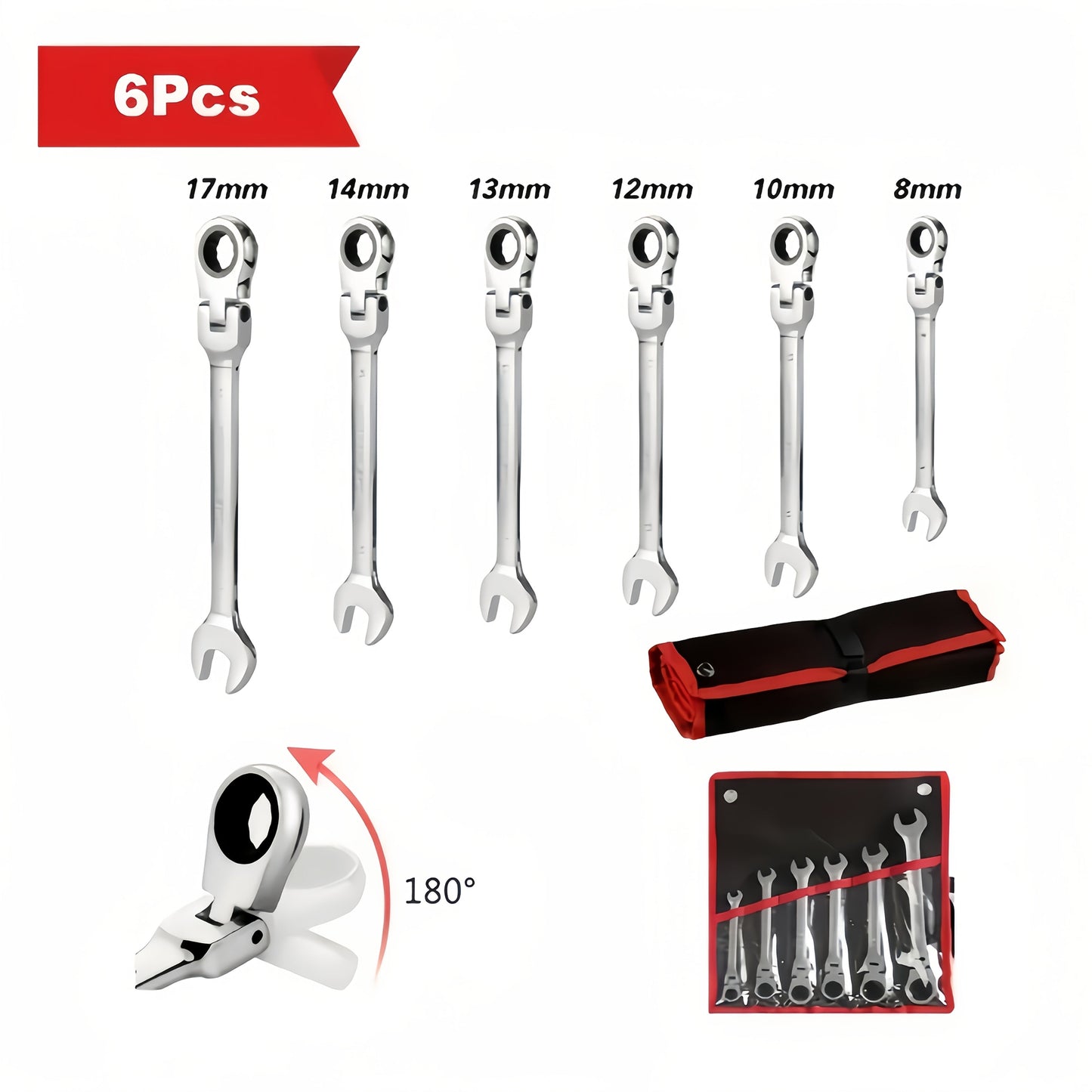 Ratchet Wrench Set 6-Piece Double-Ended Quick Release – Metric 8-17mm, 72-Tooth, Adjustable Combination Wrench Kit with Storage Bag