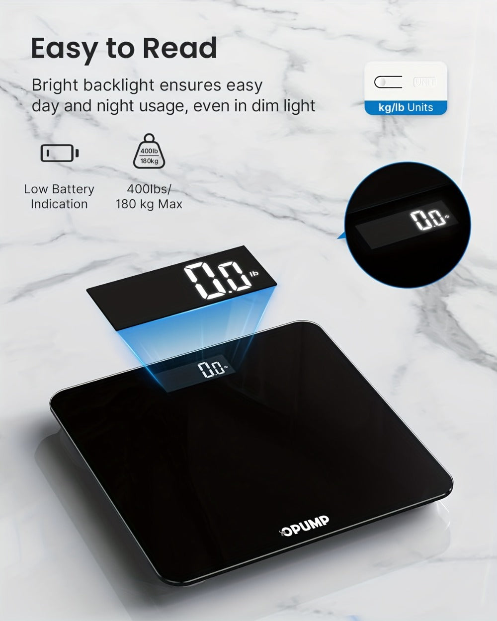 Patterned Digital Bathroom Scale with Top LED Display in Six Marble, Bronze, Black and Blue Styles