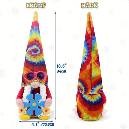Hippie Gnomes Decorations 2 Pack – Groovy Tie Dye Tomte Figurines with Peace Sign & Fashion Glasses, 13.5" Swedish Gnome Shelf Sitters
