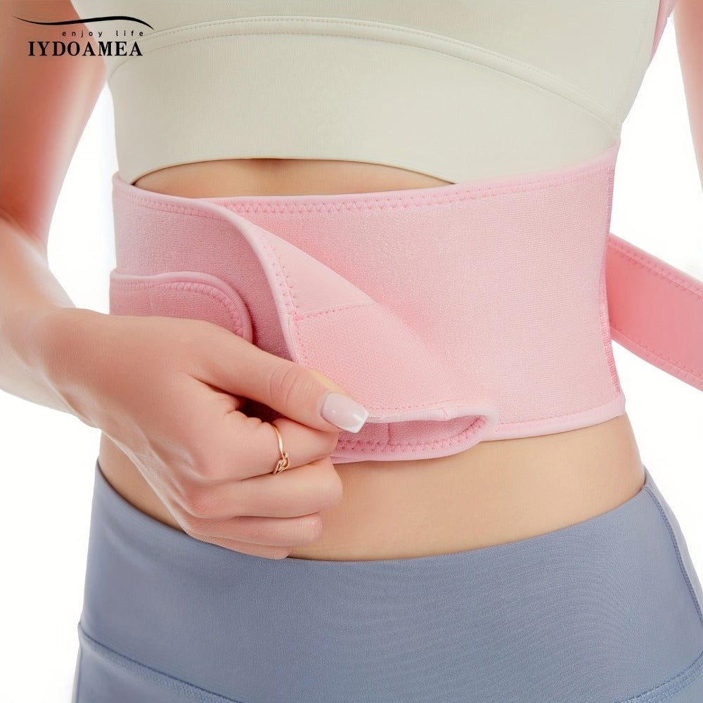 Pink Adjustable Posture Brace with Crossed Waist Straps and Five Labeled Fit Options from S to 3XL