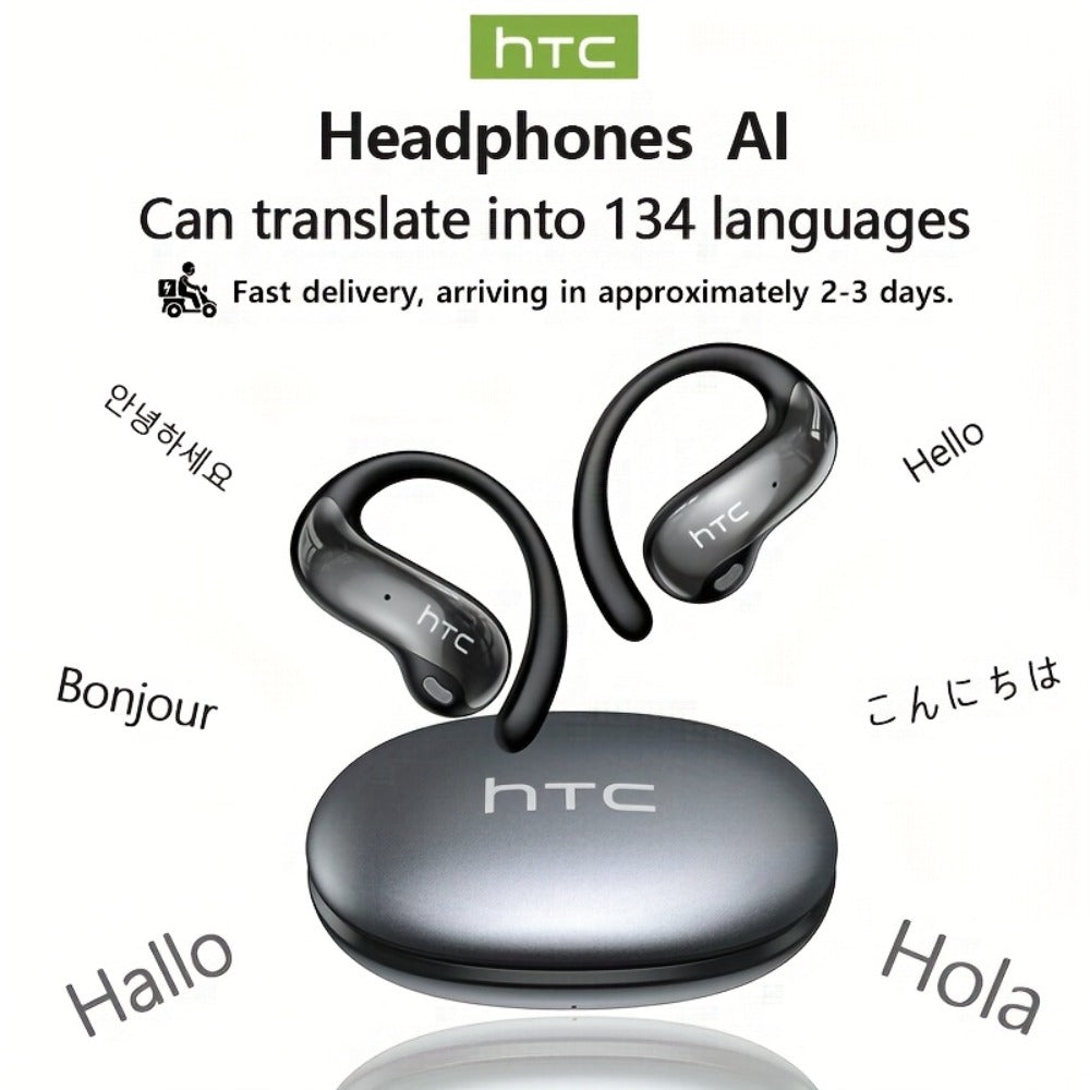 HTC NE19 Open-Ear AI Translation Earbuds with Oval Charging Case in Black, Gunmetal, Beige or Purple