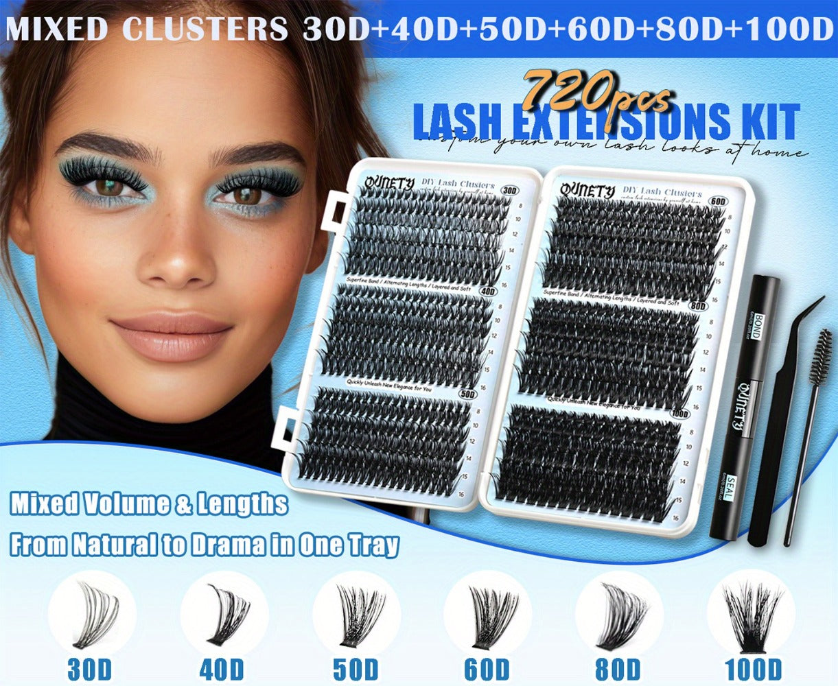 Complete 720-Piece Handmade Cluster Lash Kit with Glue & Tweezers, 30D to 100D, 6 Styles & Lengths