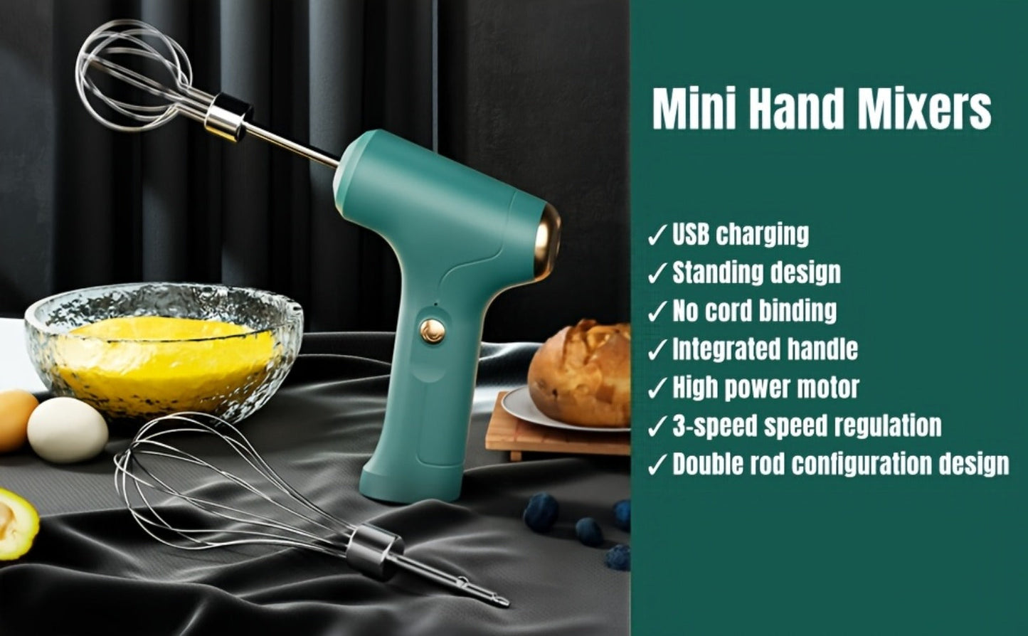 Electric Hand Mixer Cordless USB Rechargeable, 304 Stainless Steel Whisk 3-Speed Settings for Home Cooking, Dining and Outdoor Meals