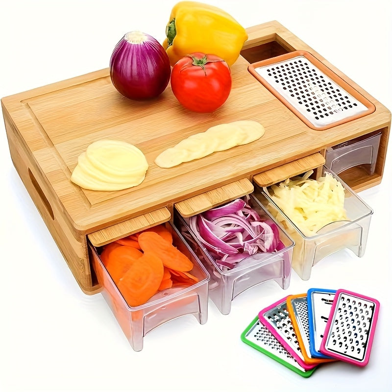 Bamboo Cutting Board with Food Container, Cheese Grater & Juice Groove – Large Wooden Chopping Board Set with Storage Box