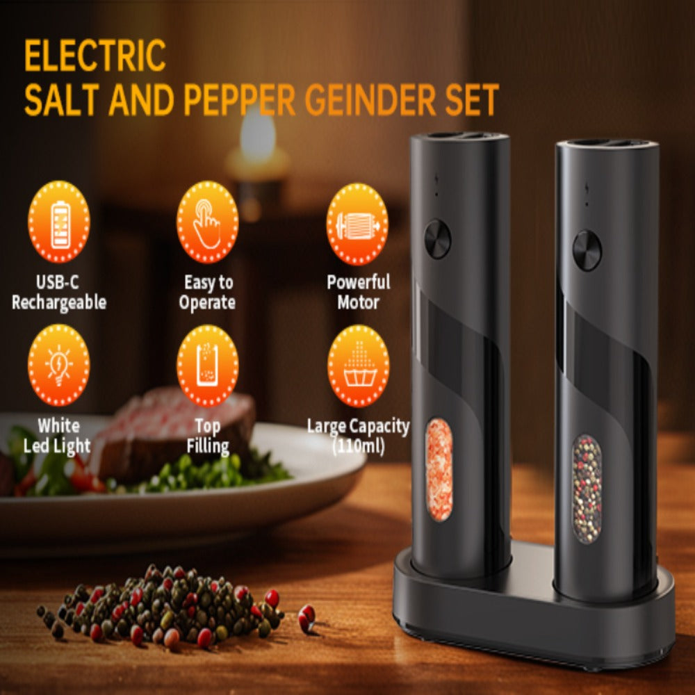 Electric Salt and Pepper Grinder Set with LED Light & Gravity Sensor, USB Rechargeable, Top-Fill