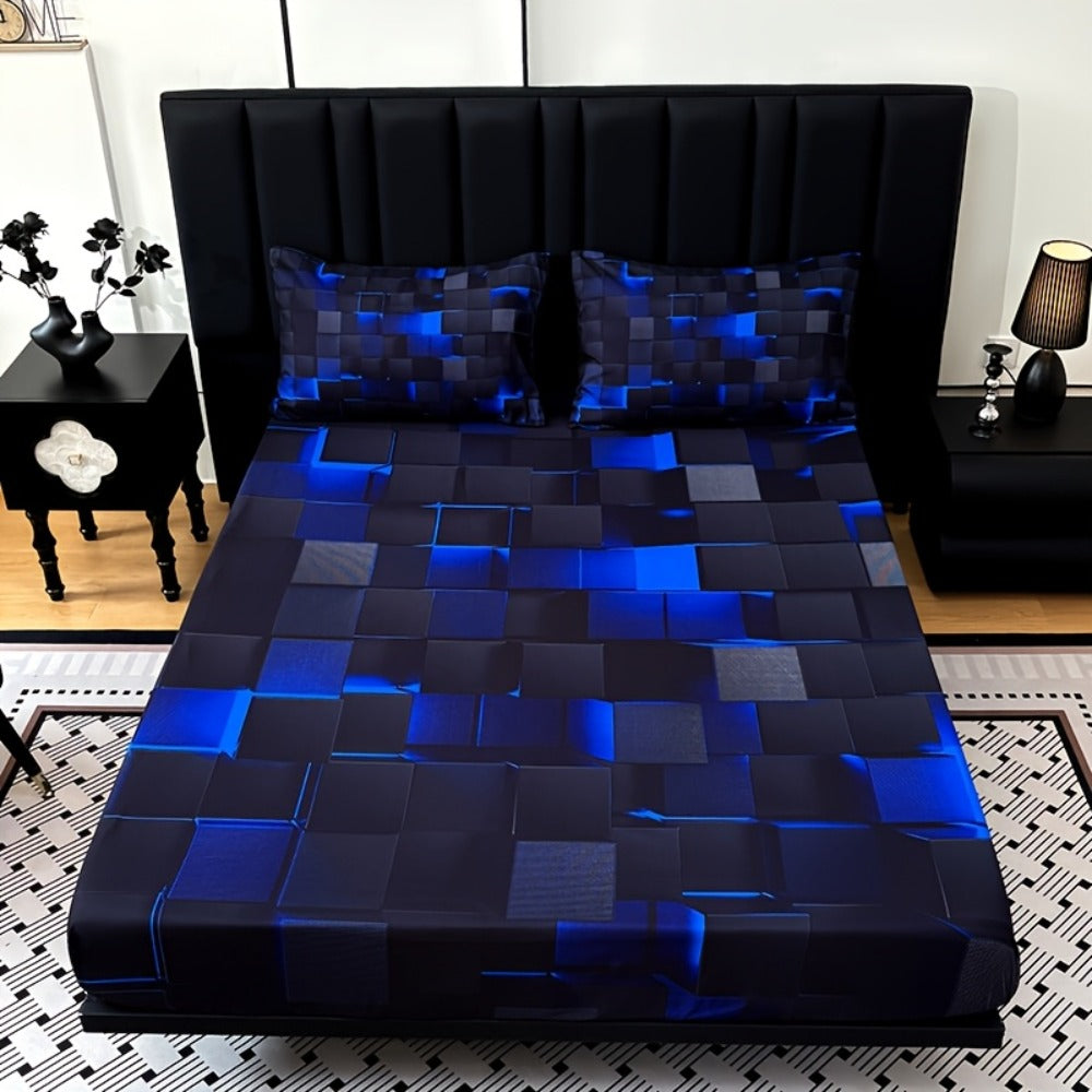 Fitted Sheet Set 3pcs Plaid Digital Print Deep Pocket 15" All Season Bed Sheet + 2 Pillowcases No Filling Twin Full Queen King