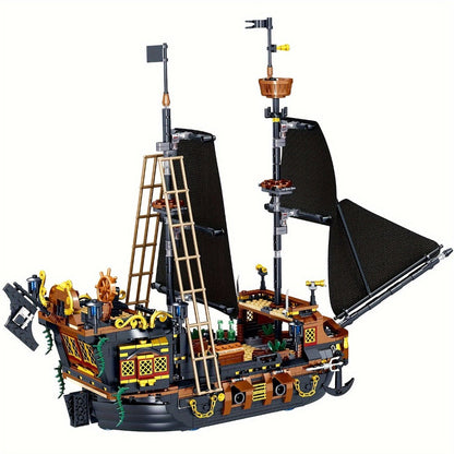 1282-Piece Pirate Ship Building Block Model with Black Sails, MY051 Checkout Code and Pictured 30.48 cm Length