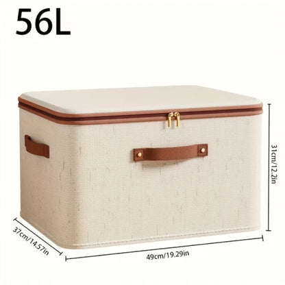 Foldable Storage Boxes with Lids 2-Pack, Large Linen Storage Baskets with Double Zippers & Leather Handles