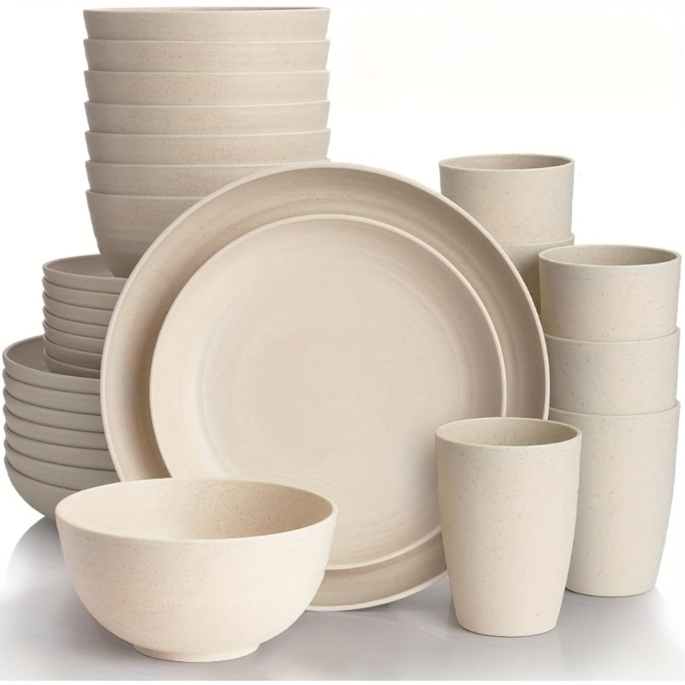 Wheat Straw Dinnerware Set 16 or 32 Piece – Plates & Bowls for 4 or 8 People, Microwave & Dishwasher Safe Plastic Dish Set