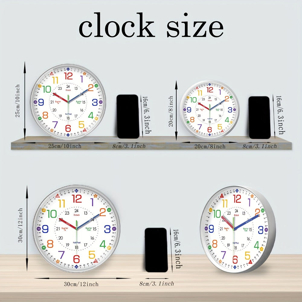 Color-Coded Learning Wall Clock in 8, 10 or 12-Inch Sizes with Minute and Quarter-Hour Markers