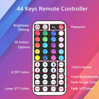 50FT or 100FT RGB LED Strip Light with 44-Key Remote, 20 Colors and Eight Modes for Room and Event Decor