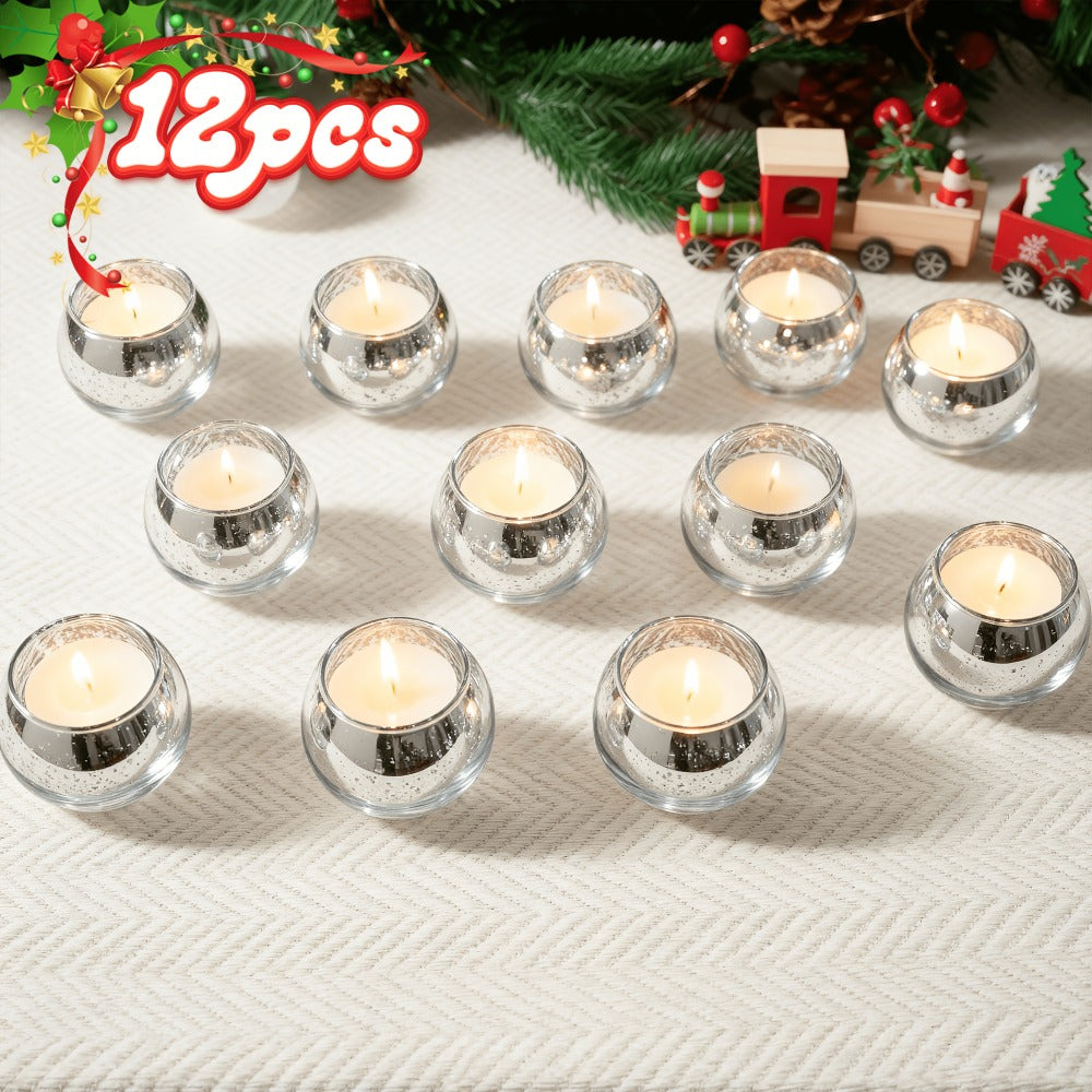 Round Glass Votive Candle Holder Sets in Gold, Pink, Silver or Green with 6-, 12- or 24-Piece Options
