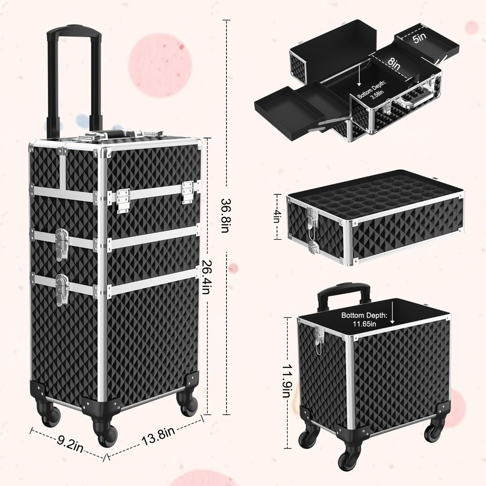 Three-Section Rolling Makeup Train Case with Telescoping Handle in Black or Pink and Sponge Set