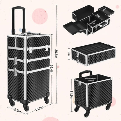 Three-Section Rolling Makeup Train Case with Telescoping Handle in Black or Pink and Sponge Set