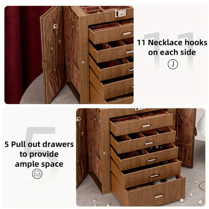 Jewelry Organizer 6-Tier Brown Storage Box with 5 Drawers, Built-In Mirror and Key-Lock Closure