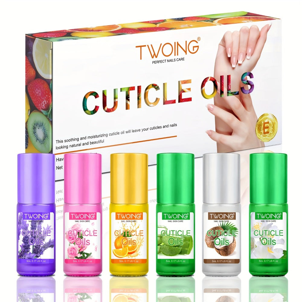 Cuticle Oil Set 6 Scents with Jojoba Oil Grape Seed Oil & Vitamin E – Paraben-Free Plant-Based Daily Nail Treatment for Dry Damaged Broken
