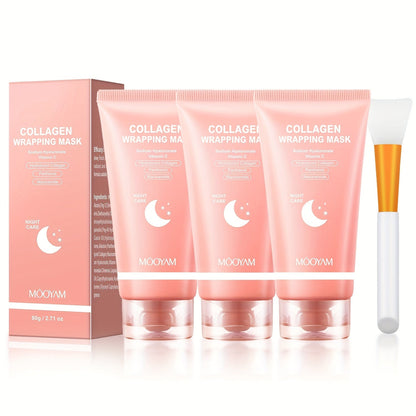 Hydrolyzed Collagen Night Mask with Brush – Niacinamide Hyaluronic Acid Vitamin C Korean Skincare Sleeping Mask for Elasticity Deep Moisture