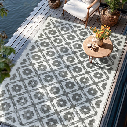 Outdoor Area Rug Waterproof Foldable Picnic Mat for Patio Balcony RV Camping Beach Garden – Blue Clover & Gray, Multiple Sizes