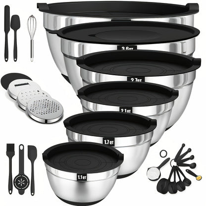 Stainless Steel Mixing Bowl Set 26pcs with 6 Bowls 20 Kitchen Tools Anti-Slip Bottom Multiple Sizes for Baking Cooking Meal Prep Storage