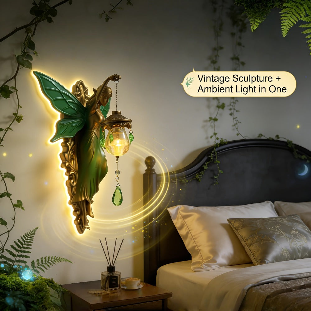 Fairy Statue Wall Decor 9.84in Fantasy Forest Fairy Sculpture, Carved Green Leaf Art Wall Hanging Ornament for Bedroom Living Room