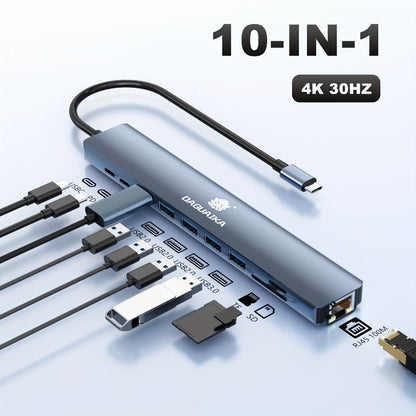 10-in-1 USB-C Hub Ethernet Adapter with 4K HDMI, RJ45 Gigabit LAN, 100W PD, SD/TF Card Reader, USB 3.0/2.0