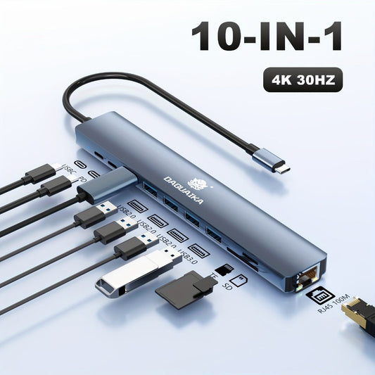 10-in-1 USB-C Hub Ethernet Adapter with 4K HDMI, RJ45 Gigabit LAN, 100W PD, SD/TF Card Reader, USB 3.0/2.0