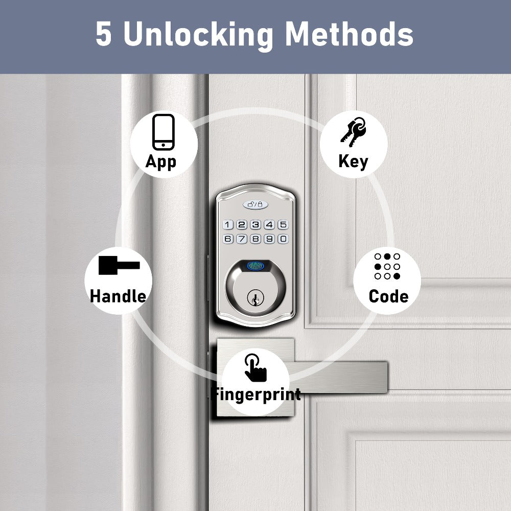 Smart Door Lock Deadbolt with Fingerprint Keypad App and Key Access in Black or Silver Options