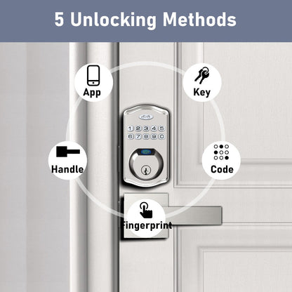 Smart Door Lock Deadbolt with Fingerprint Keypad App and Key Access in Black or Silver Options