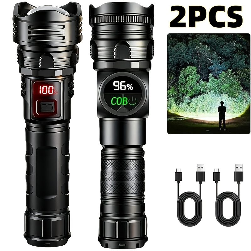 High Lumen Tactical Flashlight 2-Pack – COB Side Light, USB Fast Charging, Zoomable, Multiple Modes for Camping, Cycling, Fishing