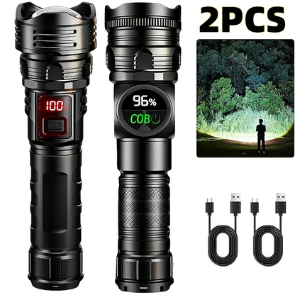 High Lumen Tactical Flashlight 2-Pack – COB Side Light, USB Fast Charging, Zoomable, Multiple Modes for Camping, Cycling, Fishing