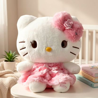 Plush Toy Bow-Wearing Cat Doll in 10-Inch Pink Rose Dress with Soft Fabric and One-Piece Option
