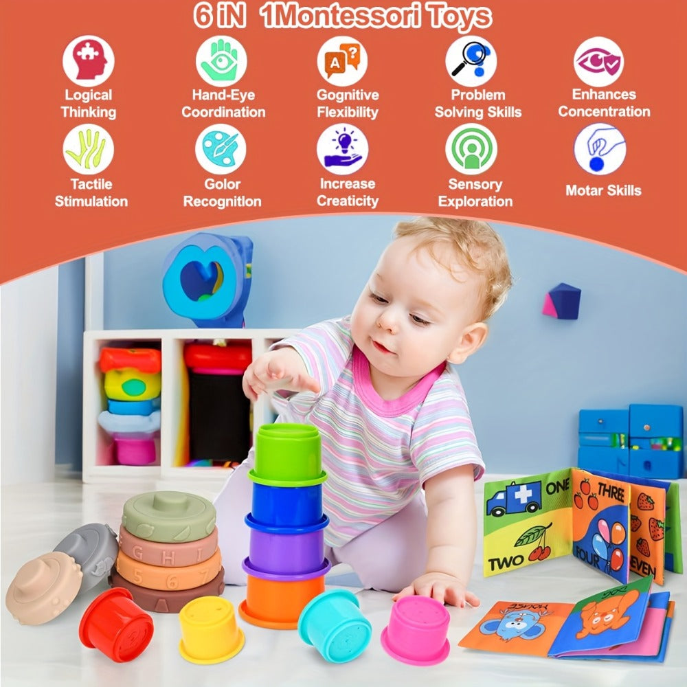 Sensory Stacking Toy Set 3-in-1 for Toddlers & Babies, Hand-Eye Coordination & Fine Motor Skills Activity Kit with Cloth Book