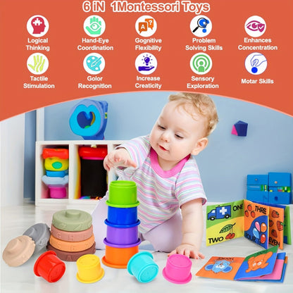 Sensory Stacking Toy Set 3-in-1 for Toddlers & Babies, Hand-Eye Coordination & Fine Motor Skills Activity Kit with Cloth Book