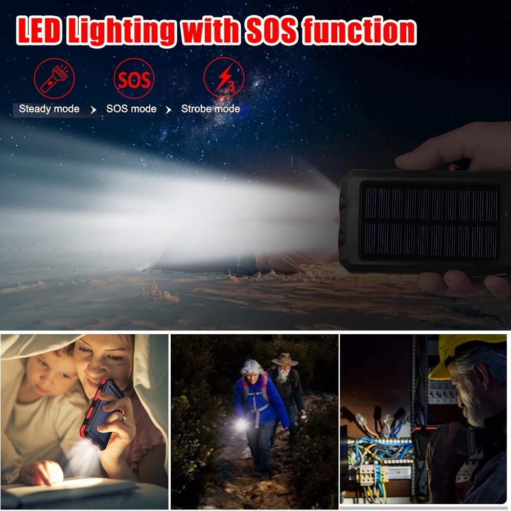 Solar Power Bank 20000mAh Outdoor Portable Charger with LED Flashlight SOS Compass & Carabiner Hook