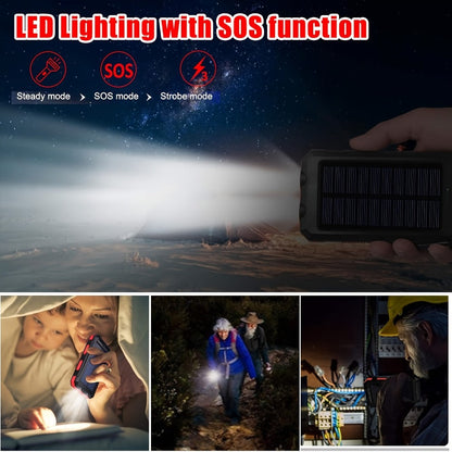 Solar Power Bank 20000mAh Outdoor Portable Charger with LED Flashlight SOS Compass & Carabiner Hook
