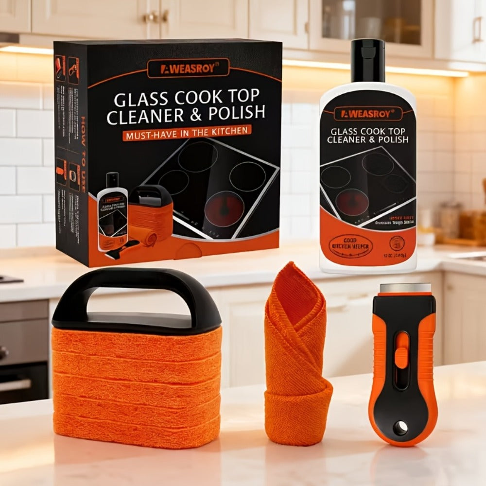 Glass Stove Top Cleaner Kit 12oz Non-Abrasive No Scratch Cooktop Cleaner and Polish Removes Tough Grease Stains 9-Piece Set with Scrubbing
