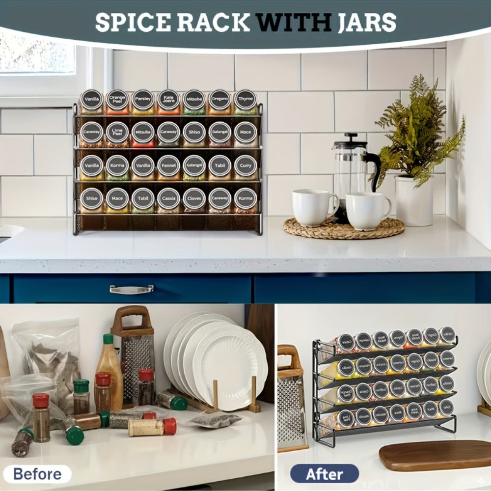 Spice Rack Organizer with 28 Jars, 386 Pre-Printed Labels, Chalk Marker & Funnel, Wall Mount, Cabinet