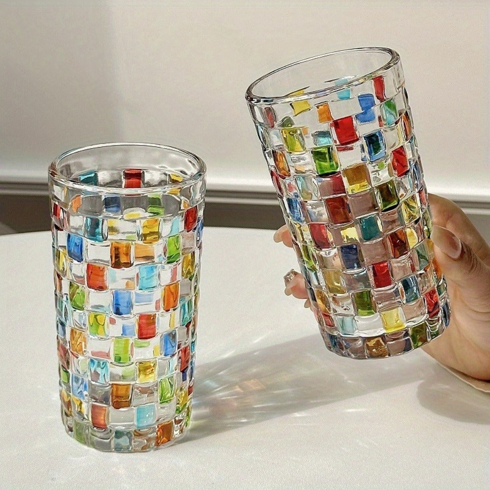 Hand-Painted Drinking Glasses Set – Colorful Square Lattice Woven Handcrafted Glass for Water, Juice, Whiskey & Beer